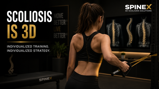 Teenager with scoliosis performing a unilateral resistance band row, with a subtle highlighted spinal curve and 3D spine visualization in a premium SpineX training environment.