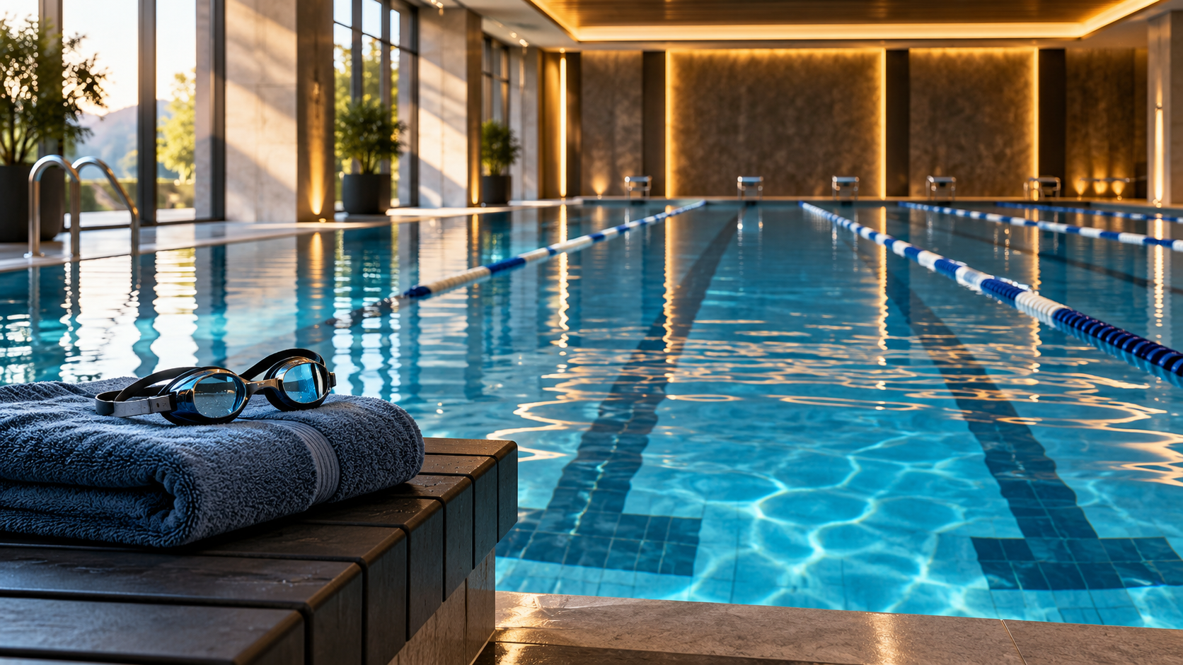 Illustrative indoor swimming pool with lane ropes, goggles and a folded towel; no client or treatment result depicted.