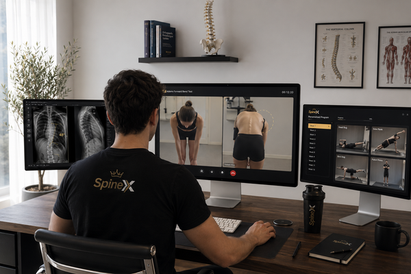 Before and after scoliosis X-ray showing reduced spinal curvature from 30 degrees to 14 degrees following SpineX 3D scoliosis training