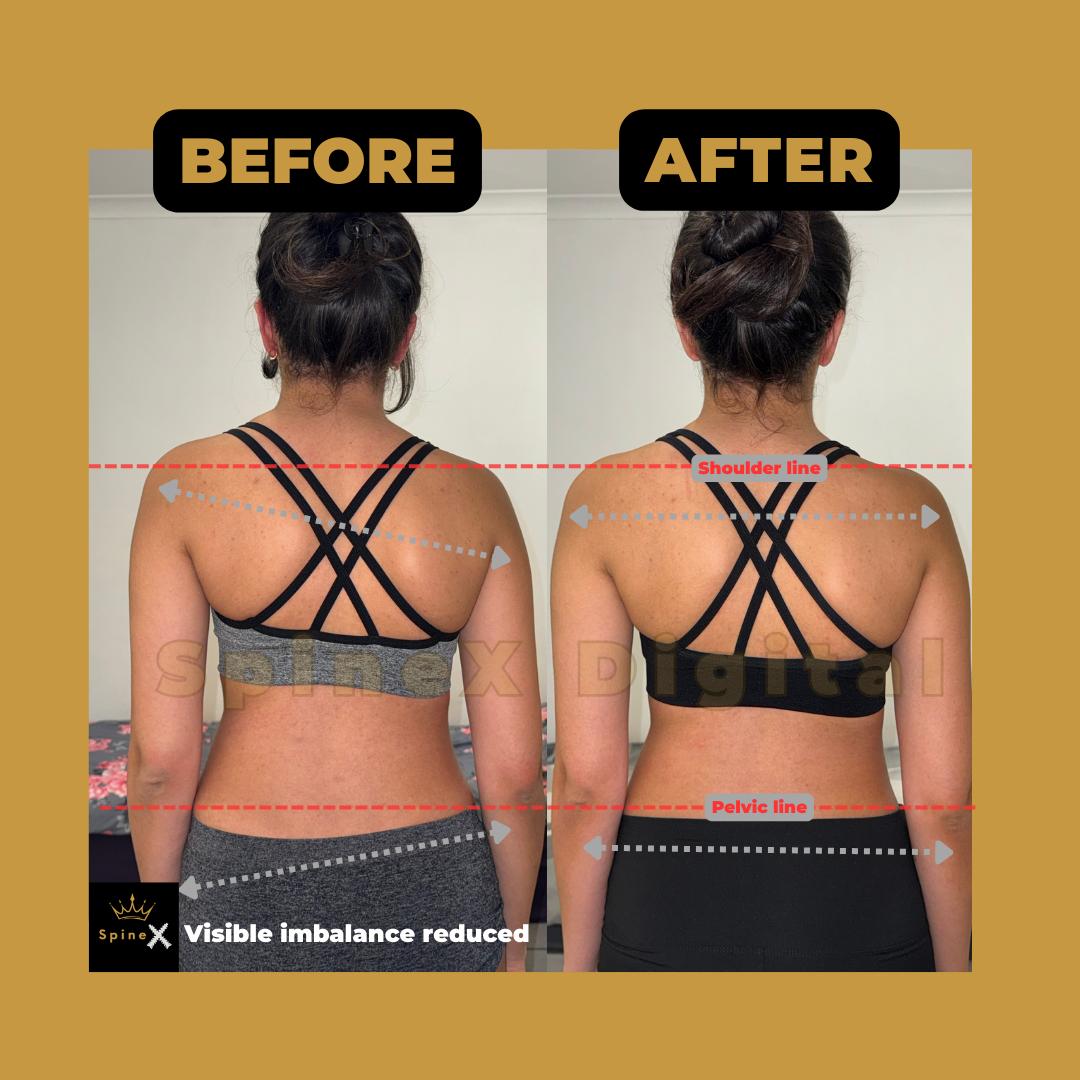before and after scoliosis posture correction showing improved shoulder level pelvic alignment and reduced back asymmetry from online training program