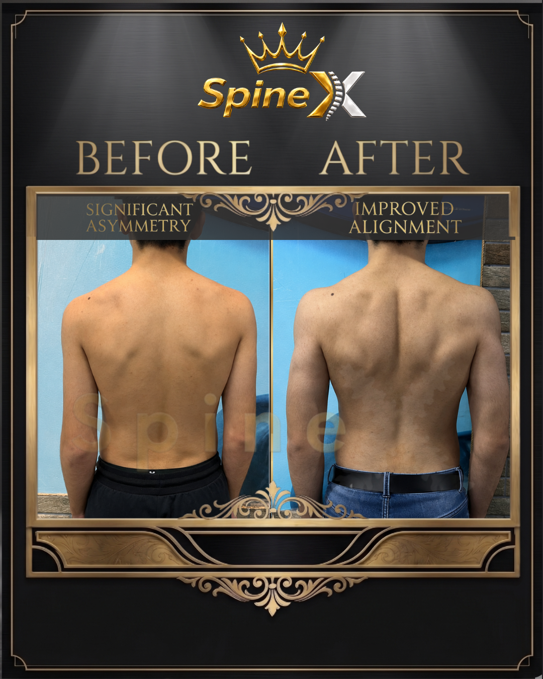 Before-and-after posture comparison supplied for individual SpineX scoliosis coaching, example 2. Individual results vary.