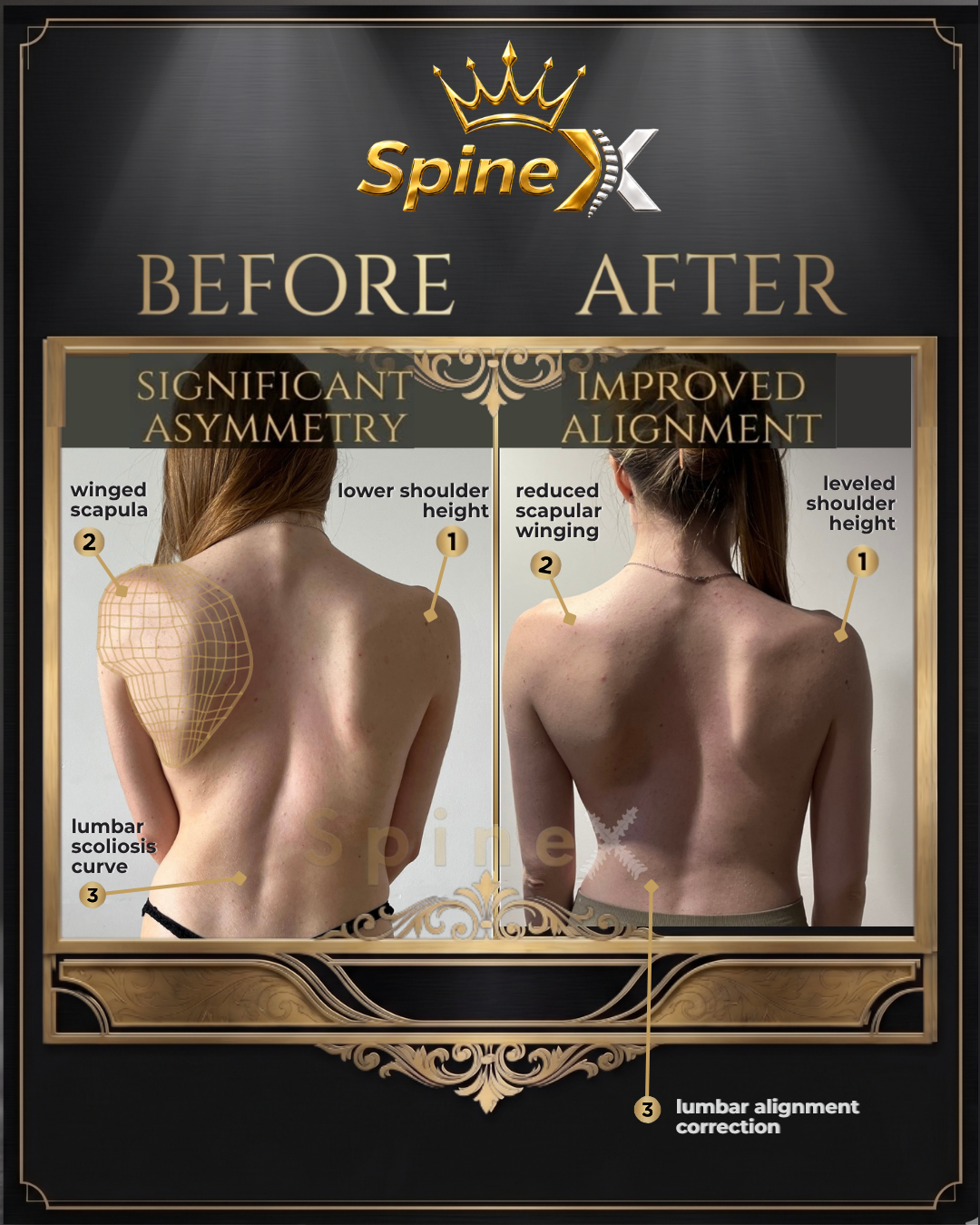 Before-and-after posture comparison supplied for individual SpineX scoliosis coaching, example 3. Individual results vary.