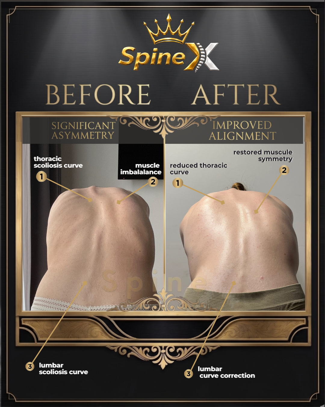 Before-and-after posture comparison supplied for individual SpineX scoliosis coaching, example 5. Individual results vary.