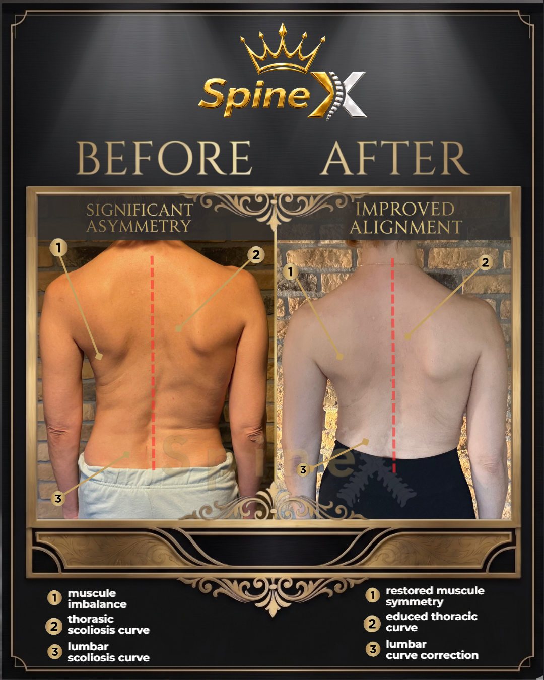 Before-and-after posture comparison supplied for individual SpineX scoliosis coaching, example 11. Individual results vary.