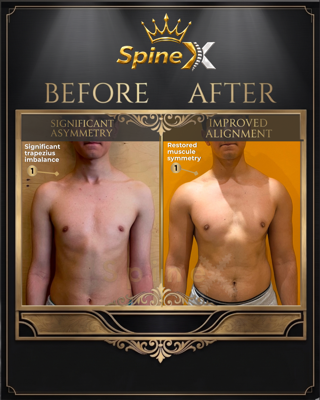 Before-and-after posture comparison supplied for individual SpineX scoliosis coaching, example 17. Individual results vary.