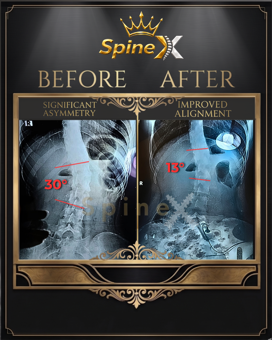 Before-and-after spinal X-ray comparison supplied for individual SpineX scoliosis coaching, example 19. Individual results vary.
